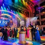 The Tony Awards statue on a stage with rainbow lighting, symbolizing LGBTQ representation on Broadway.