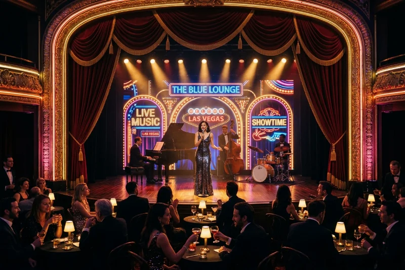 A glamorous Las Vegas stage with red velvet curtains and golden spotlights for an adult show.