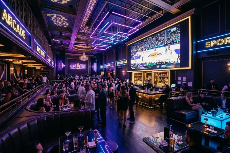 The vibrant neon-lit interior of Sapphire Las Vegas during a special event.