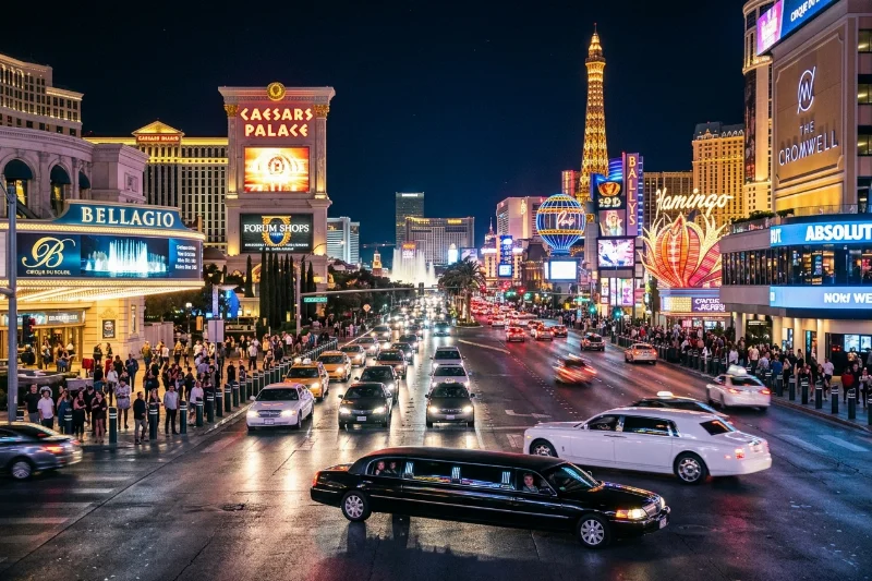 The glowing neon lights of the Las Vegas Strip at night representing premier nightlife.