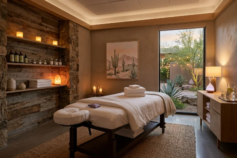 Interior of a professional and peaceful massage studio in Phoenix, Arizona.