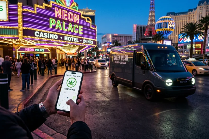 A digital representation of cannabis delivery services in the Las Vegas casino district.