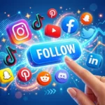 Illustration of social media icons and a follow button showing rapid growth.