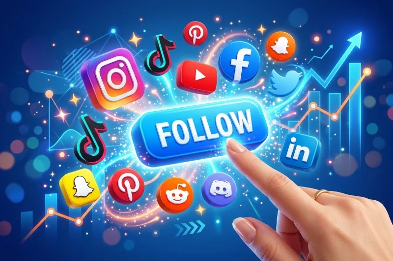 Illustration of social media icons and a follow button showing rapid growth.