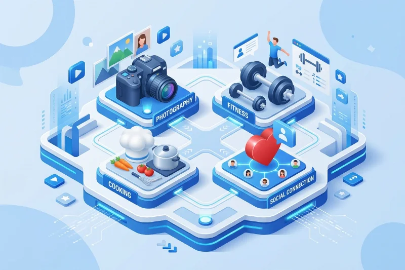 Isometric icons representing fitness, cooking, and media content categories on a social platform.