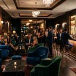 An upscale and stylish interior of a modern private social lifestyle club with elegant decor.