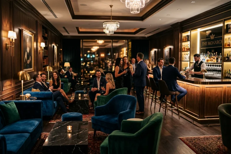 An upscale and stylish interior of a modern private social lifestyle club with elegant decor.