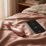 A sleek rose-gold remote-controlled adult toy next to a smartphone with a control app.