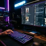 Close-up of a digital chatter working on multiple OnlyFans chat windows in a neon-lit room.