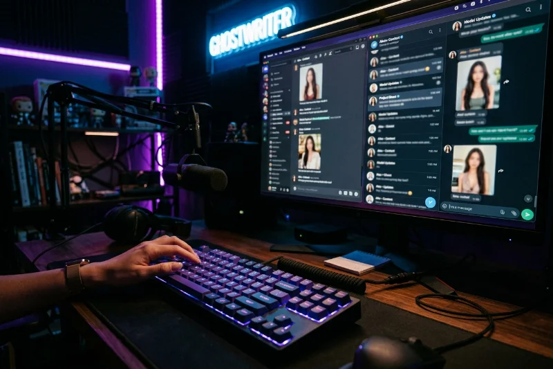 Close-up of a digital chatter working on multiple OnlyFans chat windows in a neon-lit room.
