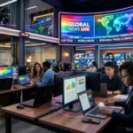 A professional digital newsroom setting with LGBTQ+ pride colors and modern technology.