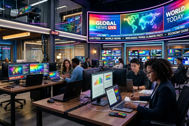 A professional digital newsroom setting with LGBTQ+ pride colors and modern technology.