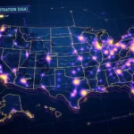 A glowing digital heat map of the United States representing data traffic and regional trends.
