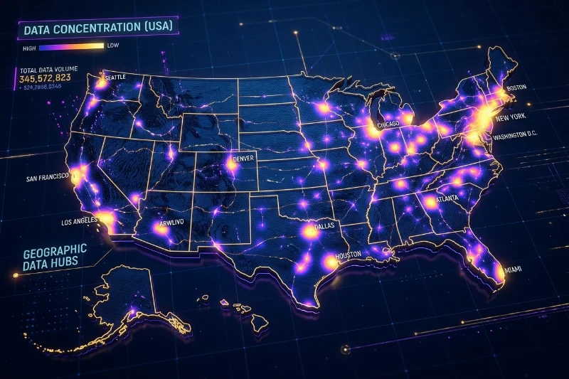 A glowing digital heat map of the United States representing data traffic and regional trends.