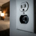 Close-up of a hidden pinhole camera inside a hotel room wall socket.