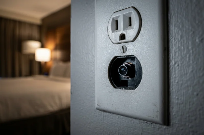 Close-up of a hidden pinhole camera inside a hotel room wall socket.