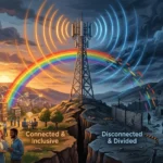 A conceptual illustration of a mobile network tower showing a divided ideological landscape.
