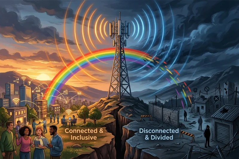 A conceptual illustration of a mobile network tower showing a divided ideological landscape.