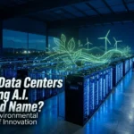 A futuristic data center interior with high-performance servers and glowing blue lights, representing AI infrastructure.