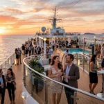 A luxury cruise ship deck hosting an elegant adult social event at sunset with ocean views.