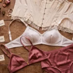 A chronological display of historical and modern lingerie pieces on a soft background.