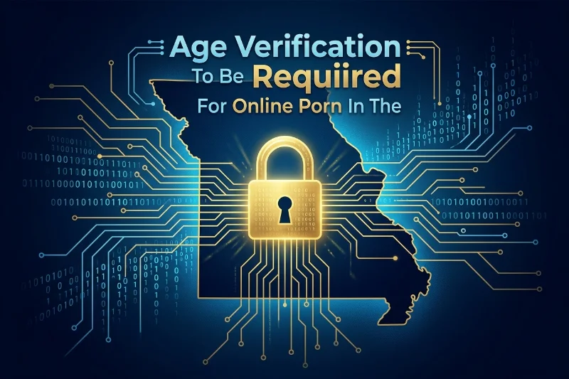 A digital lock icon overlaid on a map of Missouri representing online age verification laws.
