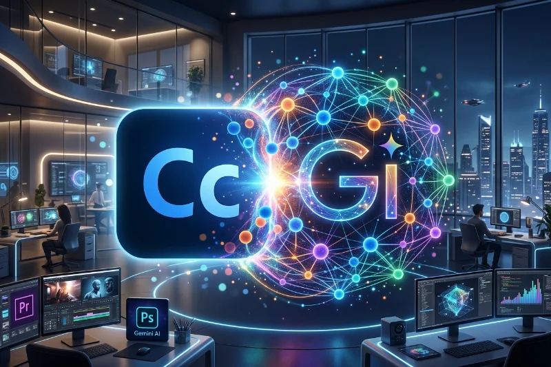 Illustration of Adobe Creative Cloud and Google Gemini integration.