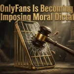 A smartphone inside a gold cage with a judge's gavel striking the screen, symbolizing digital censorship.