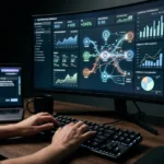 A professional setting showing the intersection of AI data analytics and human creative writing.