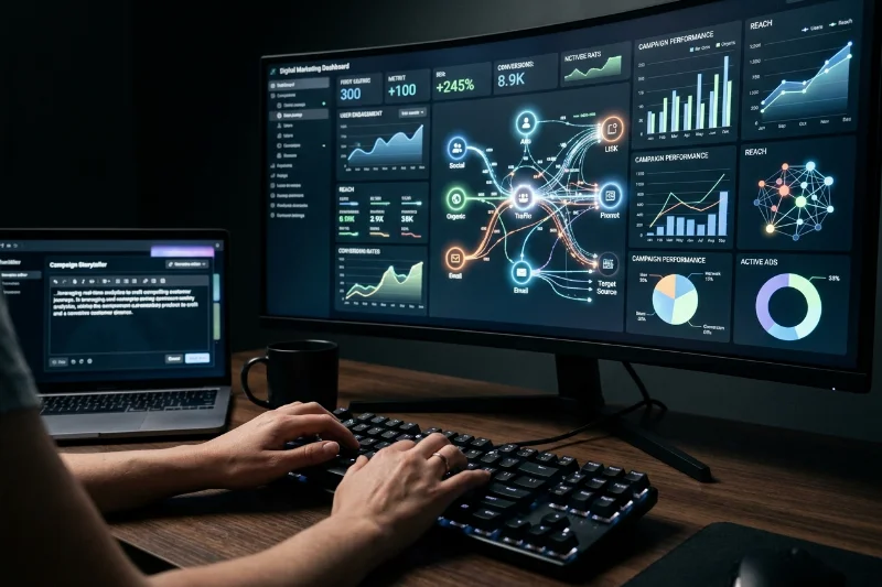 A professional setting showing the intersection of AI data analytics and human creative writing.