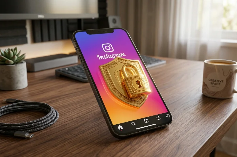 A smartphone showing the Instagram logo protected by a golden padlock and shield to represent account safety.