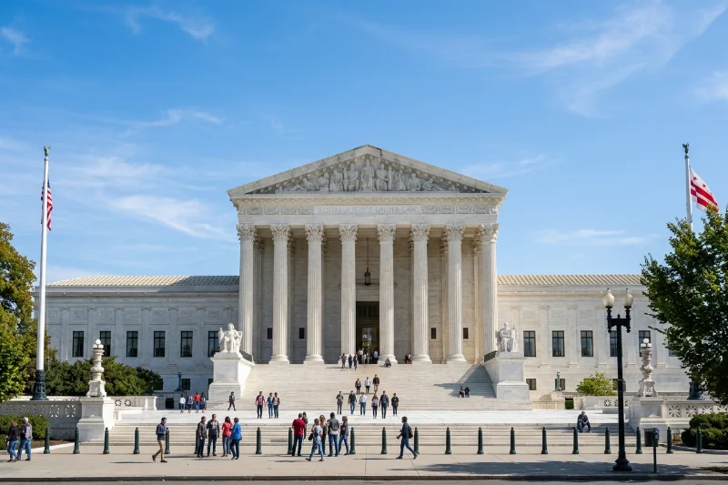 The United States Supreme Court building in Washington D.C., representing the center of American judicial power and constitutional law.
